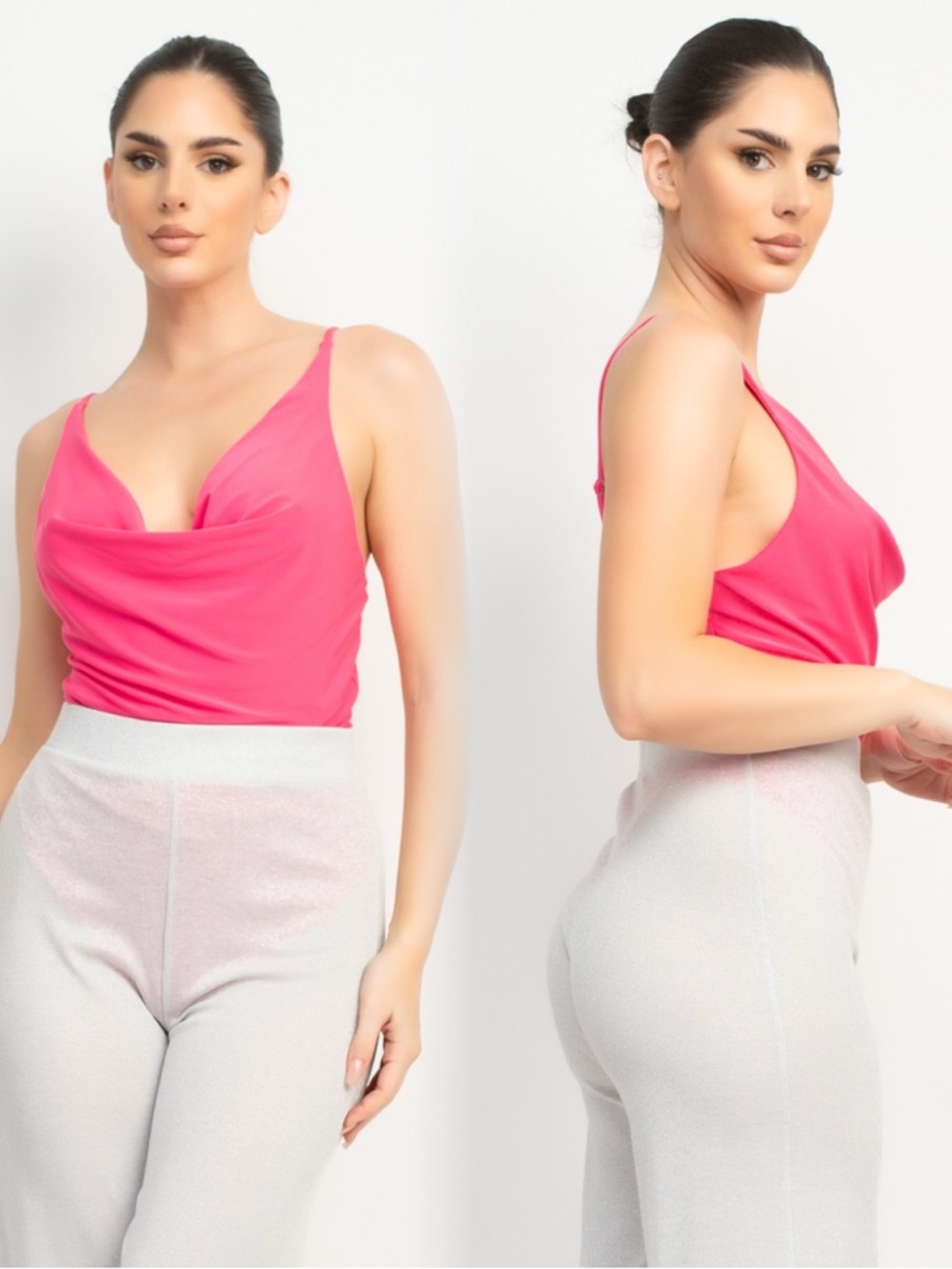IRIS/HAUTE MONDE Hot Pink Cowl Neck Bodysuit - Picture 6 of 7